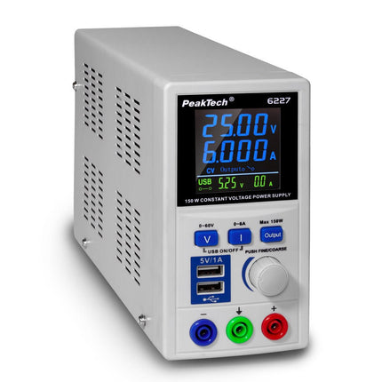 PeakTech 6227 DC Switching Power Supply (0 - 60 V, 0 - 6 A) with colour LCD & 2x USB - Elektor